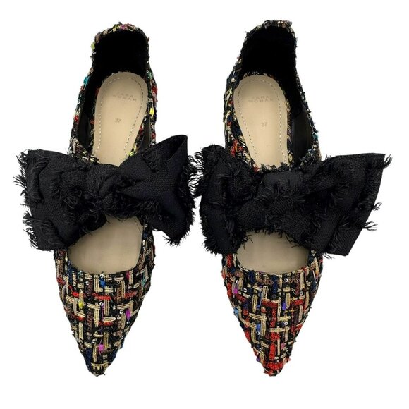 Zara Multicolor Tweed Pointed Flats Black Frayed Bow Women's Size EU 37/US 6.5 - Picture 7 of 16